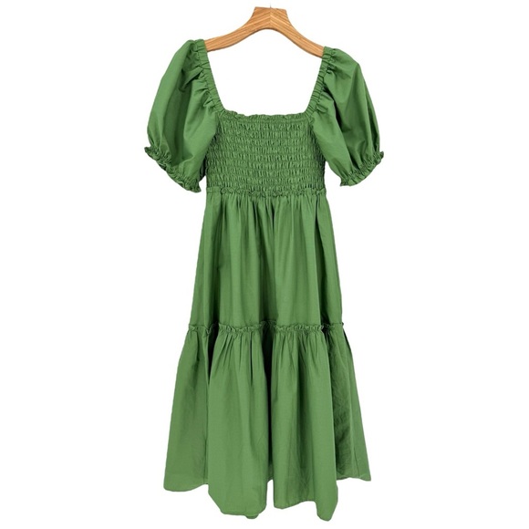 Abercrombie & Fitch Puff Sleeve Smocked Bodice Midi Dress in Green Size S - Picture 3 of 10